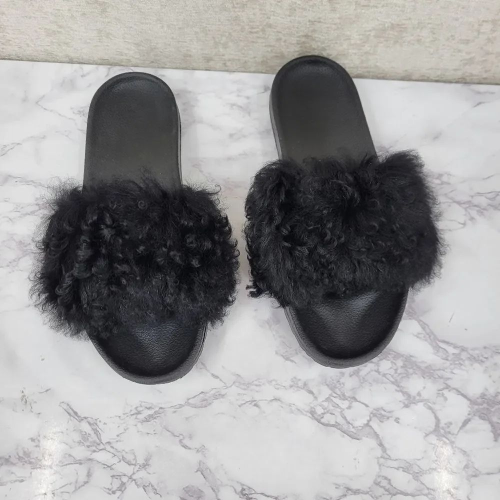 Ugg Black Curly Fuzzy Sheepskin Shearling Slides Slide Sandals